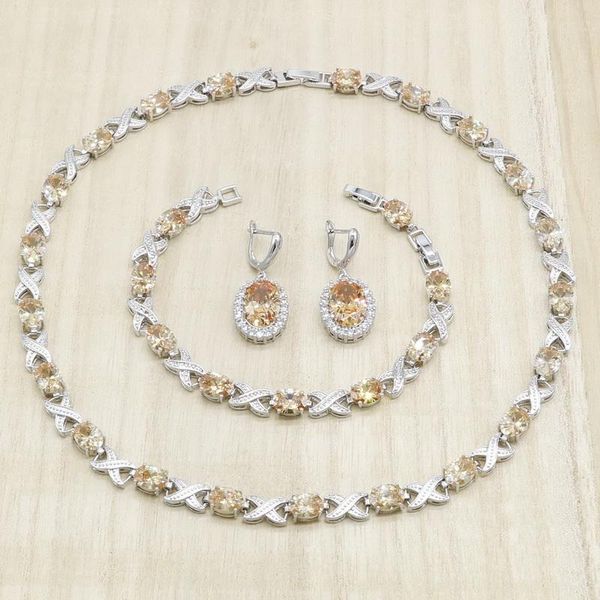 

wedding jewelry sets orange champagne zirconia 925 silver bridal for women necklace earrings bracelet anniversary birthday gift, Slivery;golden