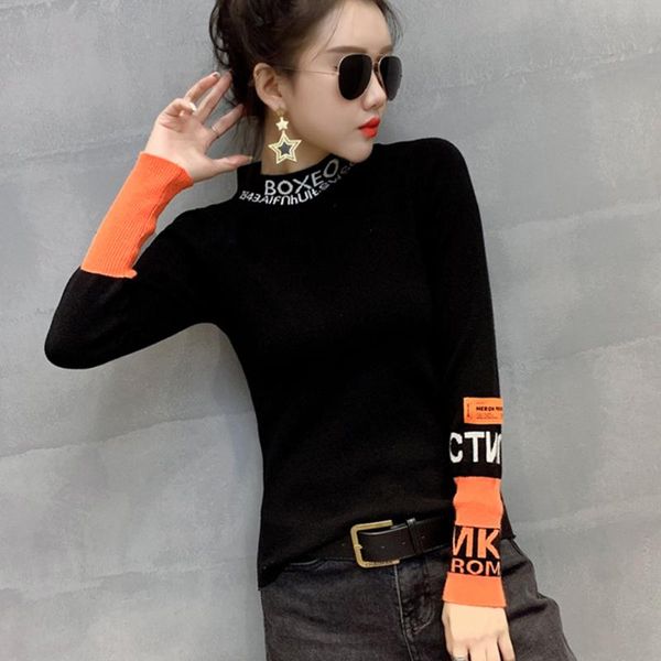 

women's sweaters spring autumn white black harajuku woman sweater pullovers long sleeve letter tight turtleneck thin knitted