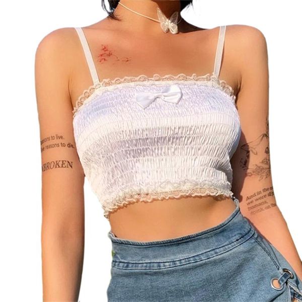 

women's tanks & camis casual sleeveless solid spaghetti strap summer lace frill smocked crop cami camisole, White