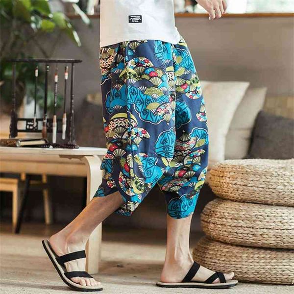 

men's pants chinese style summer linen capris loose thai harem trend casual flower l9mt, Black