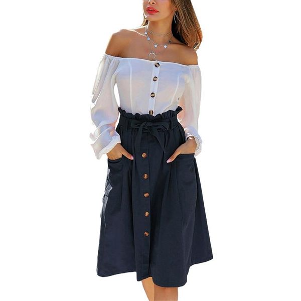 

women skirt elegant fashion a-line solid color high waist knee-length sashes big pockets button decorated multicolor clothes skirts, Black