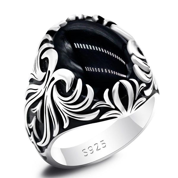 

turkish black agate ring for men pure 925 sterling silver vintage carved with oval big natural stone male rings jewelry gift cluster, Golden;silver
