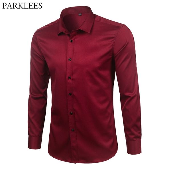 

brand wine red bamboo fiber mens dress shirts slim fit long sleeve chemise homme casual button down elastic formal male shirt 210809, White;black