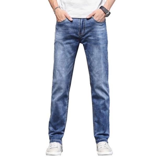 

men's jeans p8db mens summer thin casual vintage washed relaxed fit stylish denim pants classic 5-pocket straight leg long trousers, Blue