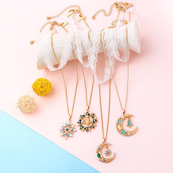 

pendant necklaces fashion ethnic asymmetry green/purple enamel moon sun necklace for women wholesale wedding gift jewelry, Silver