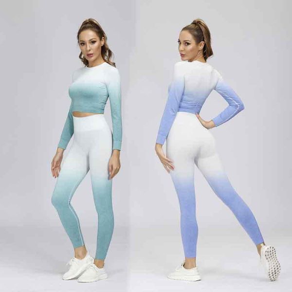 

yoga outfit 2pcs adapt ombre seamless set fitness clothing gym sets long sleeve crop workout leggings sport women tracksuit