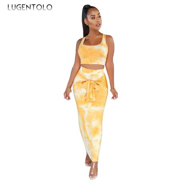 

women's tracksuits women 2 piece set summer vest sleeveless tank high waist tie bodycon print pencil skirts female sets lugentolo, Gray