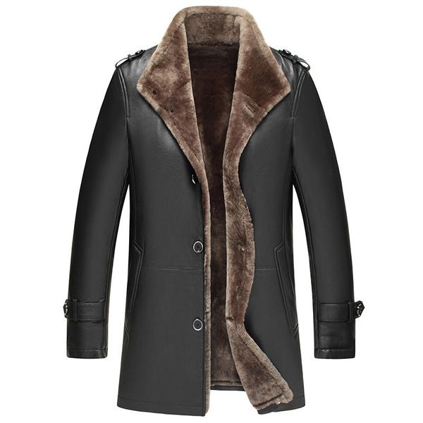 

men's leather & faux genuine sheepskin jacket winter coat real wool fur liner motorcycle man warm lwb1761-1 kj1582, Black