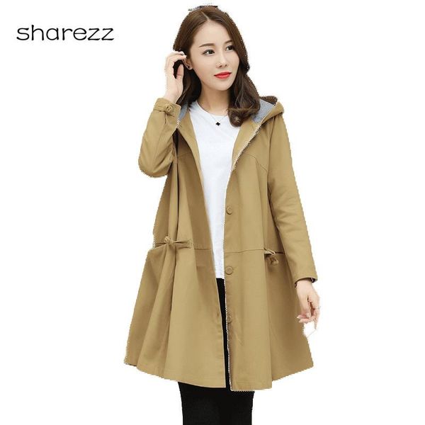 

women's trench coats korean fashion 2021 autumn long plus size coat loose hooded windbreaker outerwear, Tan;black