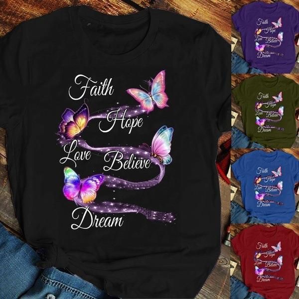 

beautiful butterfly graphic tees fashion women plus size faith hope love believe dream letter casual, White