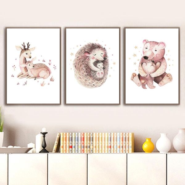 

paintings cartoon mother baby bear deer hippo hedgehog wall art canvas painting nordic posters and prints pictures kids room decor