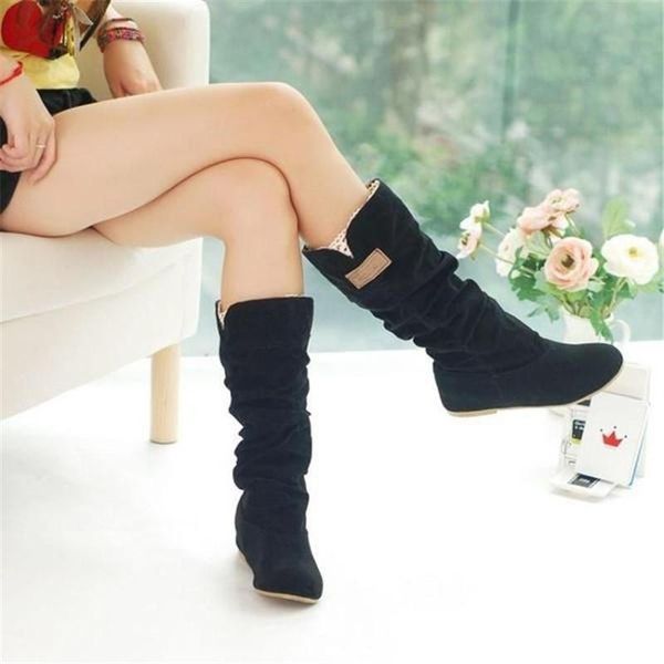 

women lace nubuck flat heels winter snow boots shoes women's flock plush padded long riding motorcycle, Black