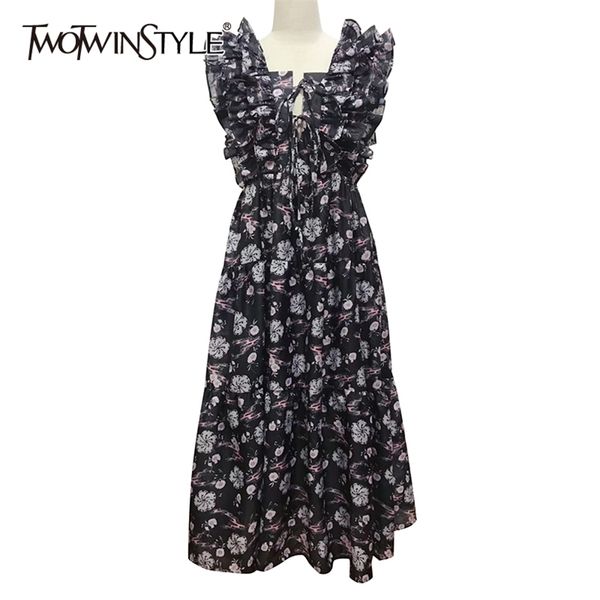 

vintage hit color women's dress square collar sleeveless high waist patchwork ruffle print dresses female 210520, Black;gray