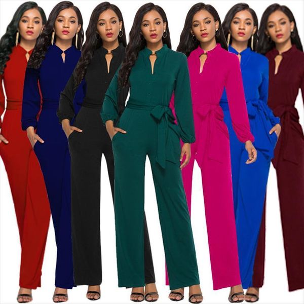 

bandage long sleeve v neck women jumpsuits wide leg pants for romper, Black;white