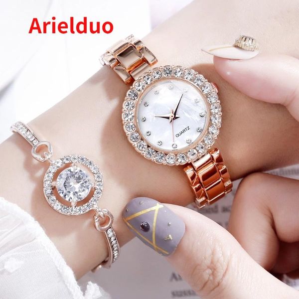 

wristwatches fashion lady's watch with diamonds, two-piece bracelet watch, simple quartz set, steel band temperament female, Slivery;brown