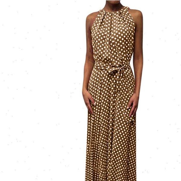 

fashion women dress sleeveless polka dot print belt halter party banquet maxi drop good quality, Black;gray