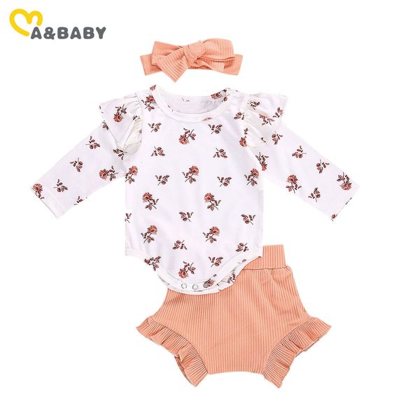 

0-18m born infant baby girl flower clothes set soft long sleeve romper shorts headband autumn costumes 210515, White