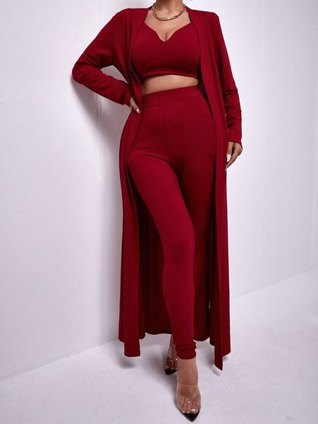 

ribbed knit crop & leggings & coat p5ez#, White