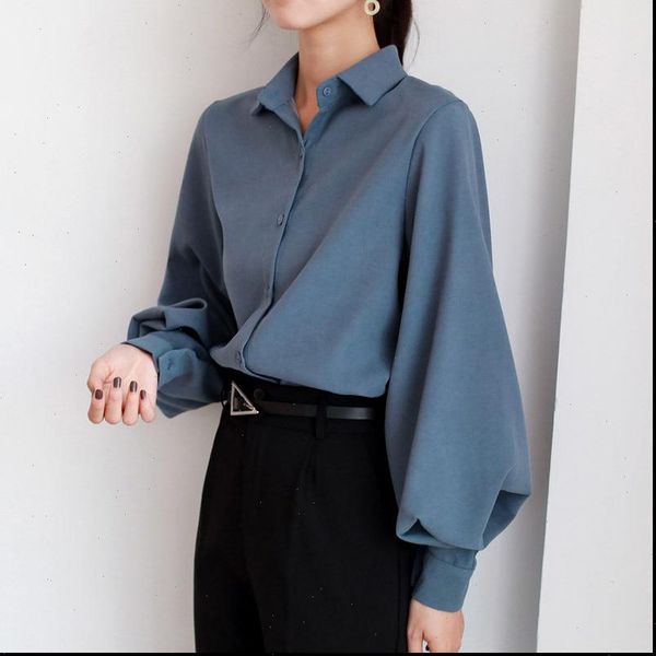 

lantern sleeve autumn winter women blouses casual office work solid vintage, White