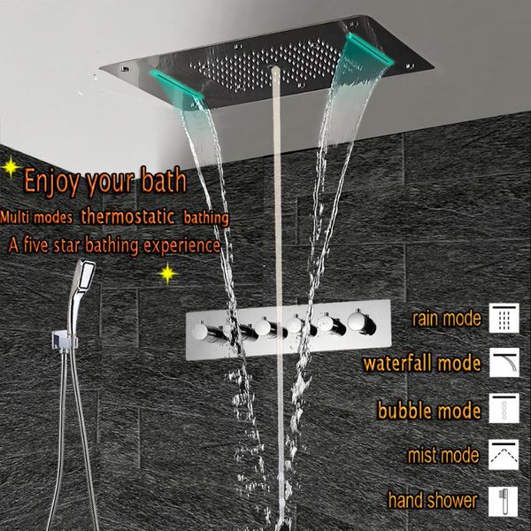 

large flow thermostatic concealed shower mixer led ceiling head panel luxury bath rain waterfall bubble mist bathroom sets