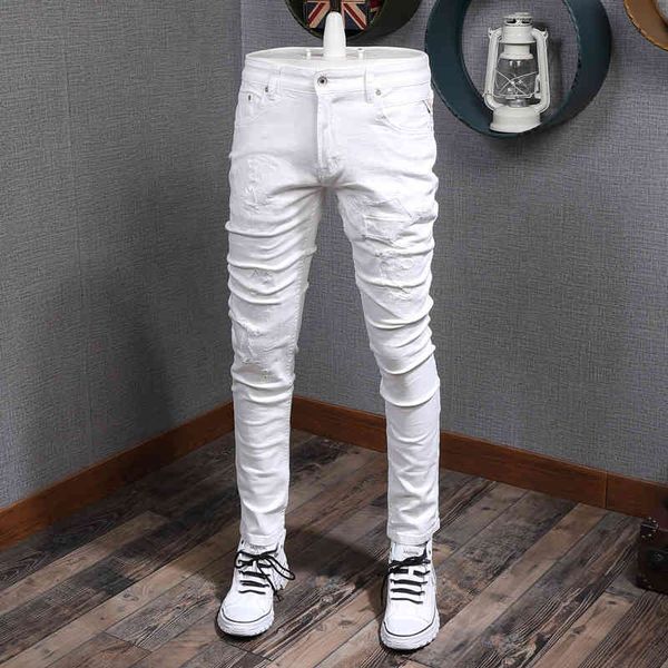 

jeans newly designer fashion men jeans white color elastic slim fit ripped denim pants homme korean style hip hop casual long trousers, Blue