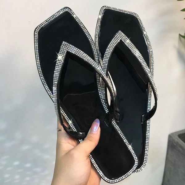 

summer woman slippers clip toe crystal flat ladies jelly sandals square fashion leisure 2021 rubber, Black