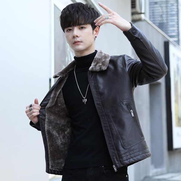 

men's fur & faux boutique plush winter korean casual leather jacket warm coat fashion, Black