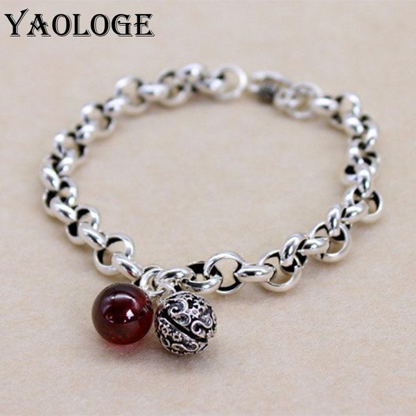 

charm bracelets yaologe geometric link hollow round bracelet retro graphic red double bead pendant hand jewelry for women accessories, Golden;silver