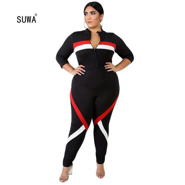 

women's jumpsuits & rompers plus size striped print sheath full length jumpsuit casual women o neck half sleeve bodycon catsuit streetw, Black;white