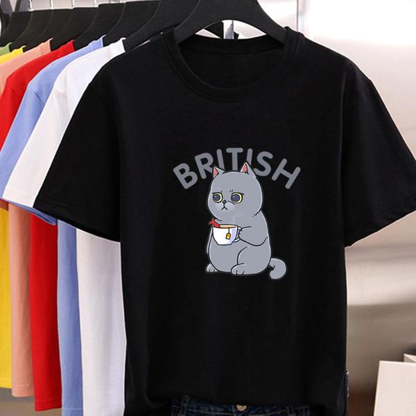 

women's t-shirt british letter print t shirt women simplicity size cats and dogs aesthetic gray cat drinking coffee graphic, White