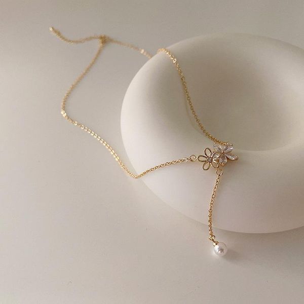 

pendant necklaces lovoacc korean sparkly cubic zircon hollow floral necklace for women girls metallic thin chain accessories, Silver