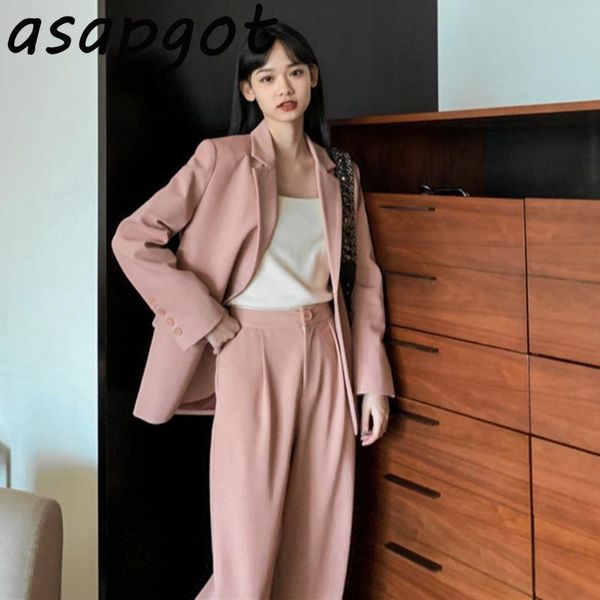 

pant suits blazer & women's clothing autumn long sleeve notched jacket slim wide leg suit pink 2 piece set two pants, White
