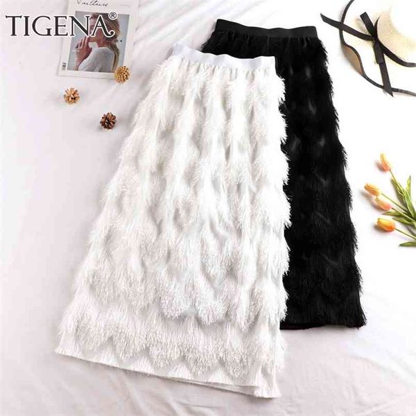 Tigena tassel maxi saia mulheres moda coreano casual franja alta cintura reta saia longa feminina senhoras preto branco 210408