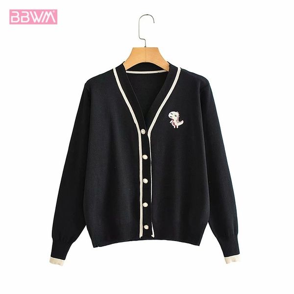 

hong kong style retro v-neck long sleeve single breasted female cardigan korean version harajuku simple knit women's sweater 210507, White;black