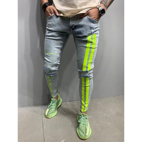 

fashion printed jeans men hole ripped hip hop streetwear elasticity slim fit skinny men's, Blue