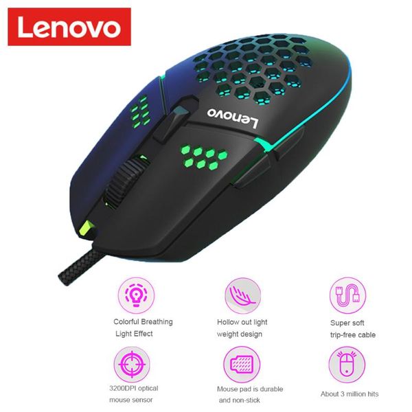 

lenovo m105 wired mouse with colorful led effects hollow-out design gaming mice