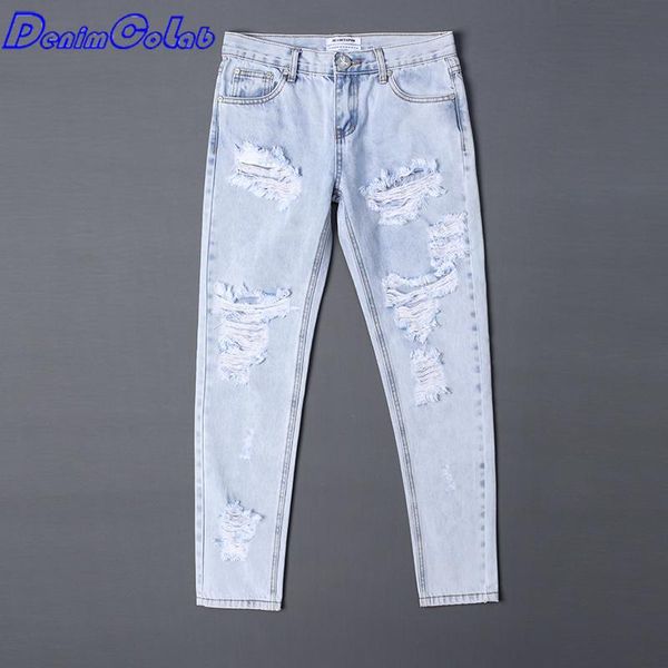 

denimcolab 100% cotton fashion hole straight jeans pants women casual ripped 2021 office lady trousers women's, Blue