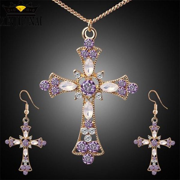 

internet celebrities with the same exquisite retro luxury super shining cross jesus christmas jewelry set bracelet, earrings & necklace, Black