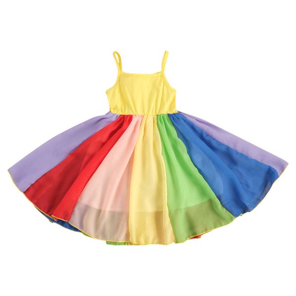 FOCUSNORM 3 Colori Principessa Delle Ragazze Dei Capretti Del Vestito Arcobaleno Colore Sling Senza Maniche Collo Quadrato Vita Alta Vestito Estivo 2-7Y Q0716