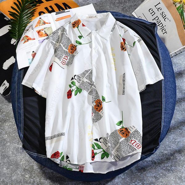 

men's casual shirts hong kong wind loose cool vacation men short sleeve shirt lovers installs ins korean version, White;black