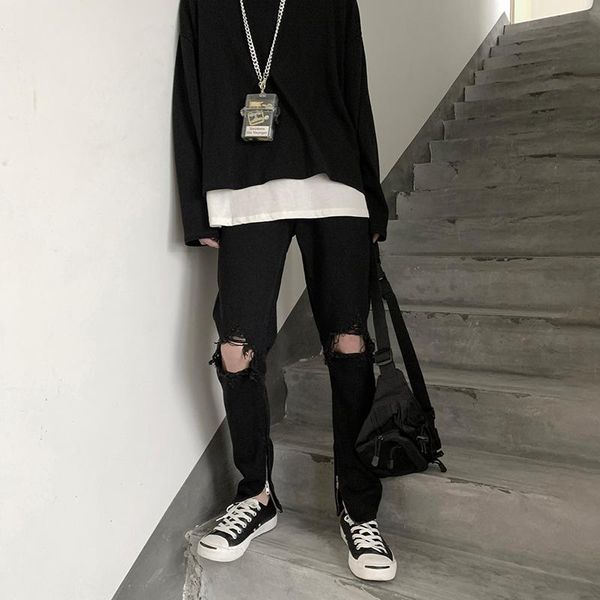 

men's jeans 2021 korean streetwear hole men black man casual straight denim pants tight fashion male jean edgy trousers, Blue