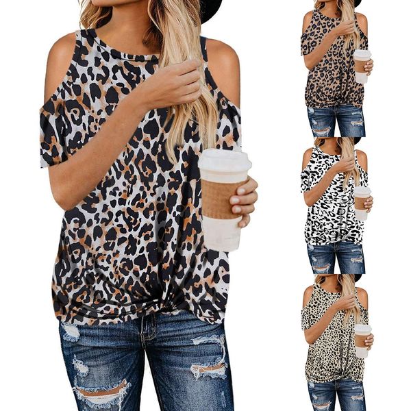 

2021 new casual fashion women's leopard print camouflage twist off shoulder short-sleeved t-shirt, White