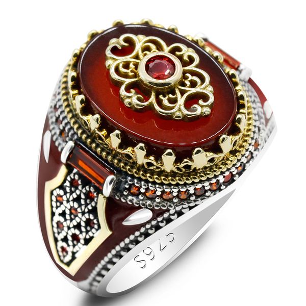 

2021 red agate men's ring 925 silver hip hop two color ring jewelry