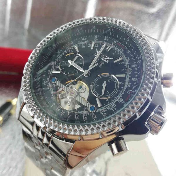 

automatic jaragar 2021 military sports self-wind clocks mens sier black steel band calendar mechanical clock relogios, Slivery;brown