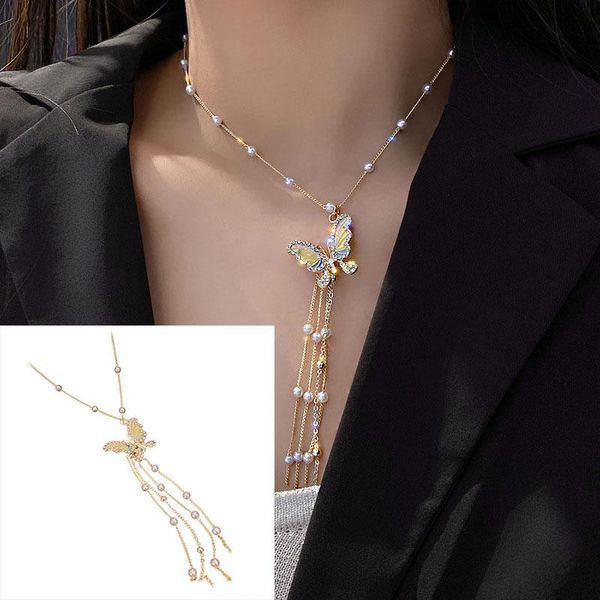 

earrings & necklace crystal butterfly pendant imitate pearl chain clavicle korean trendy long tassel sweet, Silver
