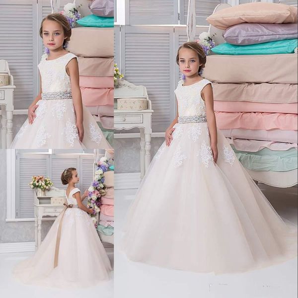 

lace flower girl dresses for wedding a-line appliques little girls pageant dress with sash tulle first communion gowns, White;blue