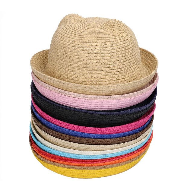 

wide brim hats 2021 cute children's sun hat spring summer boy girl kids baby straw cap panama shades ear beach casquette, Blue;gray