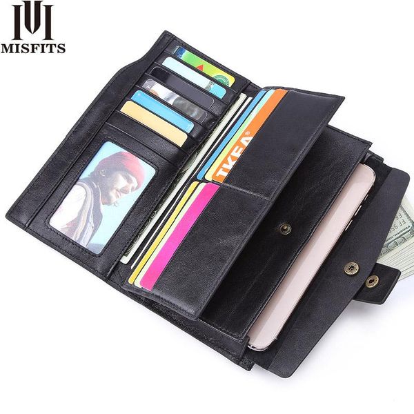 

wallets misfits long wallet men genuine leather brand casual clutch male cell phone bag card holder purse with zipper pocket, Red;black