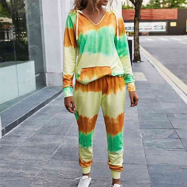 

womens 2 piece sets autumn winter casual hooded tie-dye suit female womens sweatsuit full pants set outfits 210517, White
