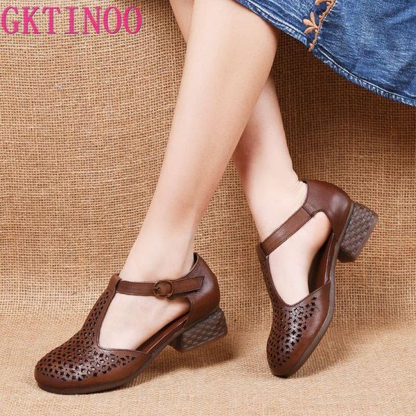 

sandals gktinoo genuine leather women summer shoes 3.5cm med heels retro 2021 hollow out, Black